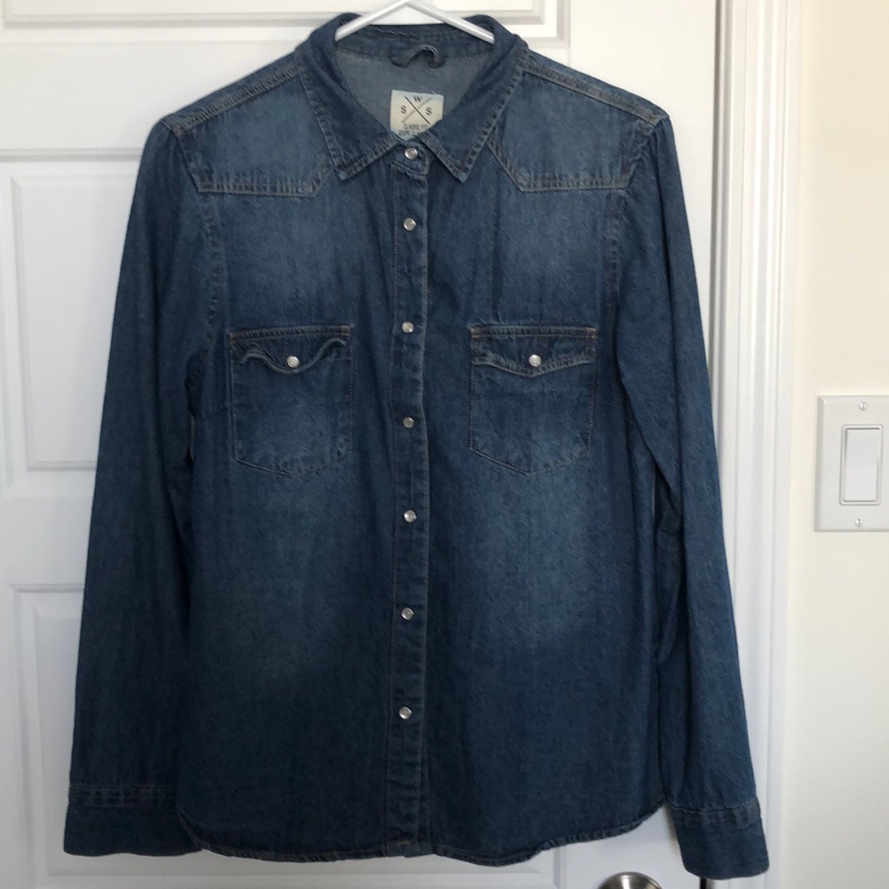 Denim shirt.